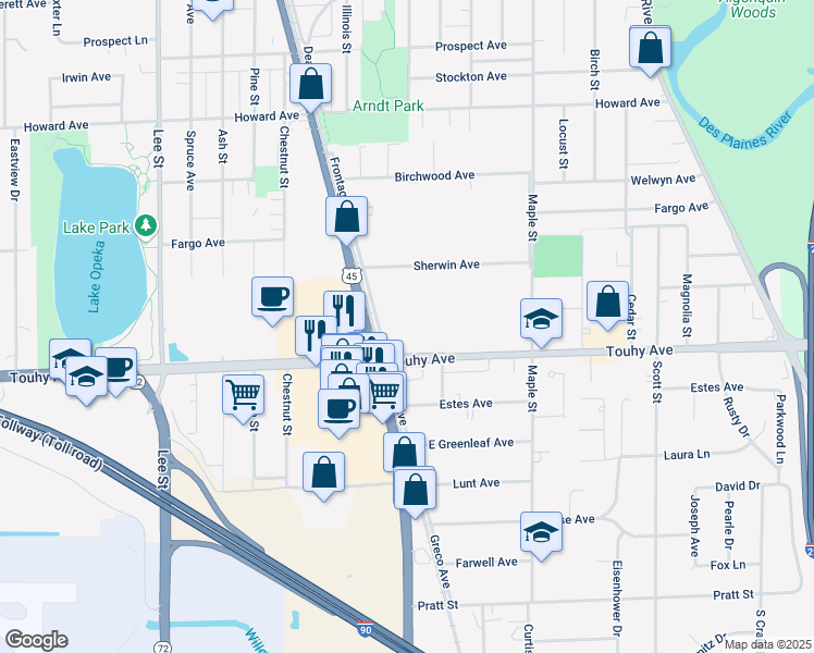 map of restaurants, bars, coffee shops, grocery stores, and more near 1554 East Touhy Avenue in Des Plaines