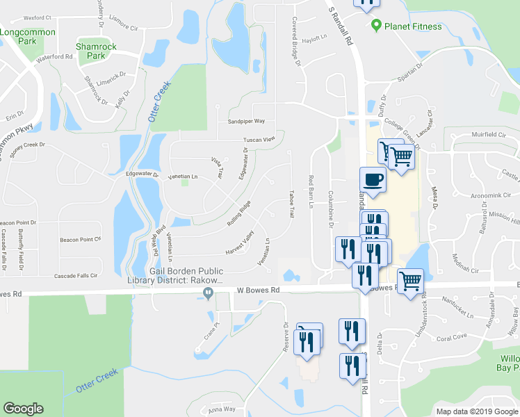 map of restaurants, bars, coffee shops, grocery stores, and more near 2476 Harvest Valley in Elgin