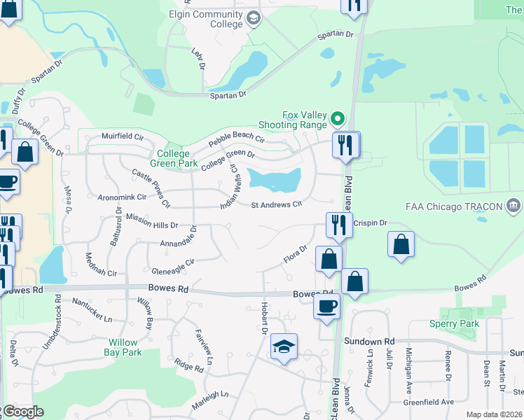 map of restaurants, bars, coffee shops, grocery stores, and more near 1661 Saint Andrews Circle in Elgin