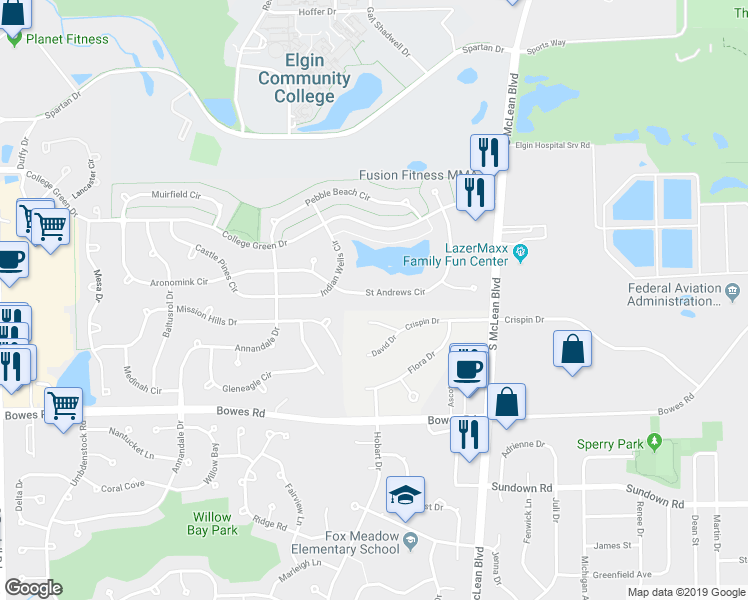map of restaurants, bars, coffee shops, grocery stores, and more near 1661 Saint Andrews Circle in Elgin
