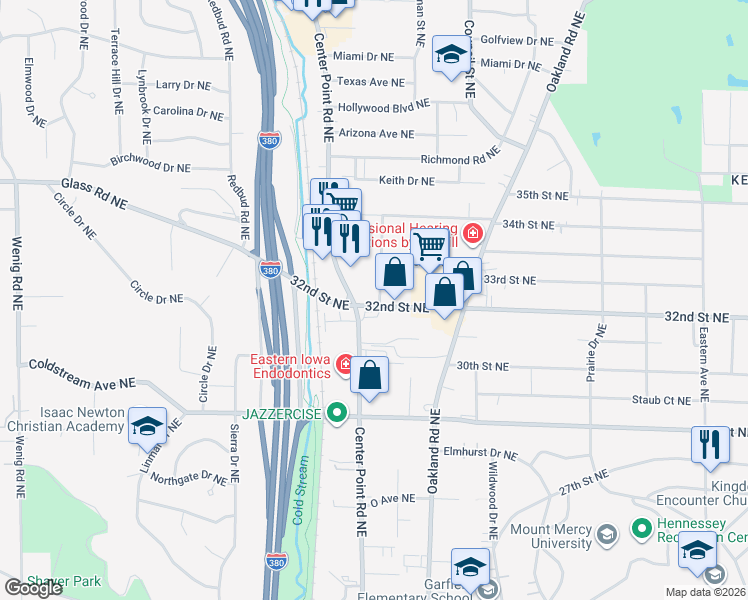 map of restaurants, bars, coffee shops, grocery stores, and more near 3201 Carlisle Street Northeast in Cedar Rapids
