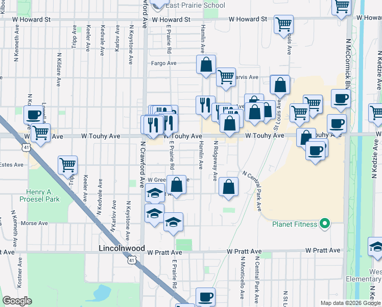 map of restaurants, bars, coffee shops, grocery stores, and more near 3821 West Fitch Avenue in Lincolnwood