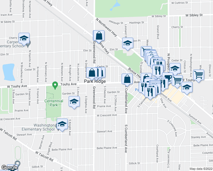map of restaurants, bars, coffee shops, grocery stores, and more near 9 South Chester Avenue in Park Ridge