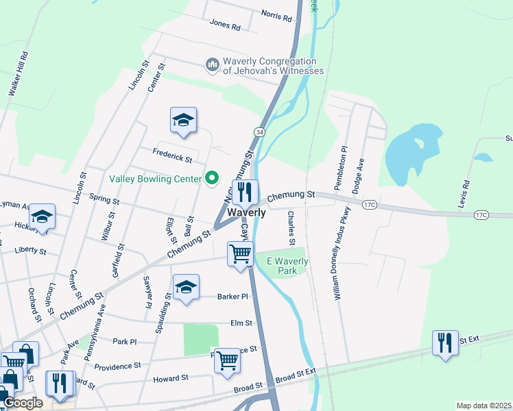 map of restaurants, bars, coffee shops, grocery stores, and more near New York State Bicycle Route 17 in Waverly
