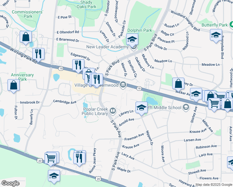 map of restaurants, bars, coffee shops, grocery stores, and more near 314 Brunswick Court in Streamwood