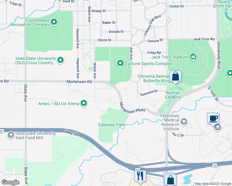 map of restaurants, bars, coffee shops, grocery stores, and more near 1517 Little Bluestem Court in Ames
