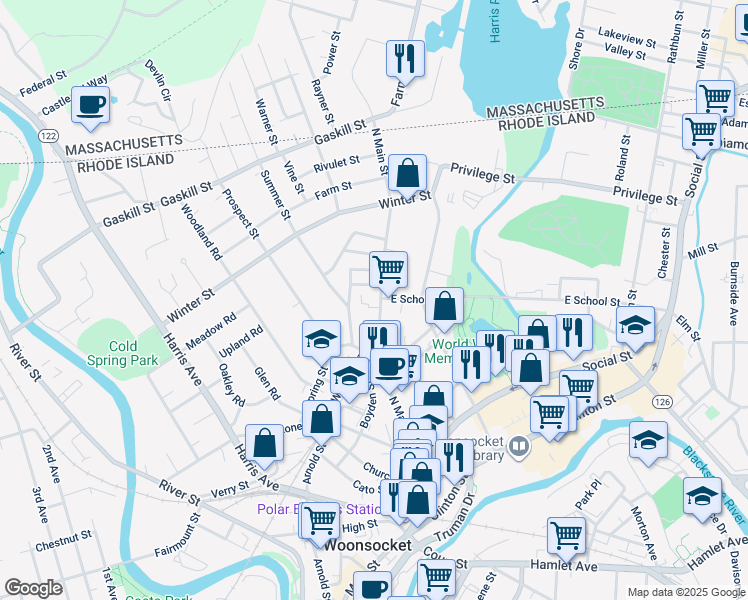 map of restaurants, bars, coffee shops, grocery stores, and more near 373 North Main Street in Woonsocket