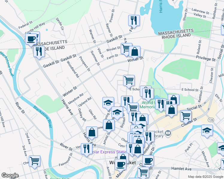 map of restaurants, bars, coffee shops, grocery stores, and more near 219 Prospect Street in Woonsocket