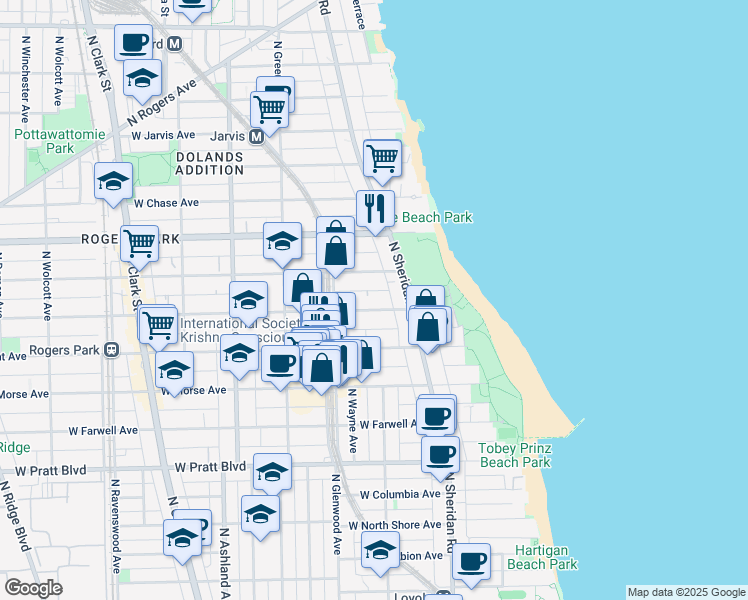 map of restaurants, bars, coffee shops, grocery stores, and more near 1350 West Greenleaf Avenue in Chicago