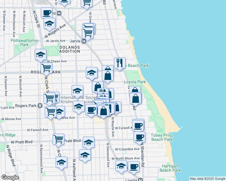 map of restaurants, bars, coffee shops, grocery stores, and more near 1350 West Greenleaf Avenue in Chicago
