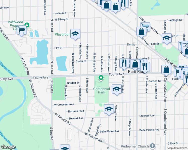 map of restaurants, bars, coffee shops, grocery stores, and more near in Park Ridge