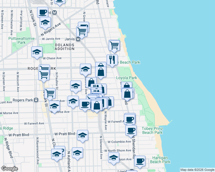 map of restaurants, bars, coffee shops, grocery stores, and more near 1354 West Greenleaf Avenue in Chicago