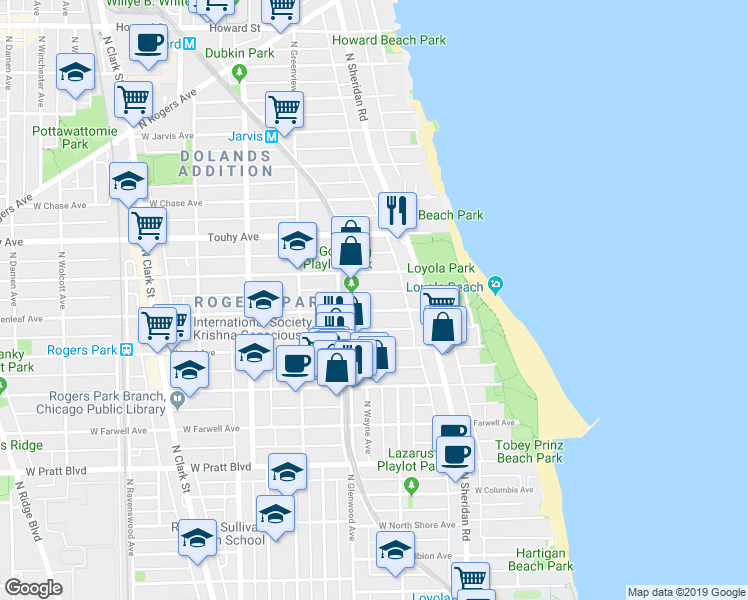 map of restaurants, bars, coffee shops, grocery stores, and more near 1354 West Greenleaf Avenue in Chicago