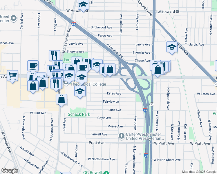 map of restaurants, bars, coffee shops, grocery stores, and more near 5041 West Fitch Avenue in Skokie