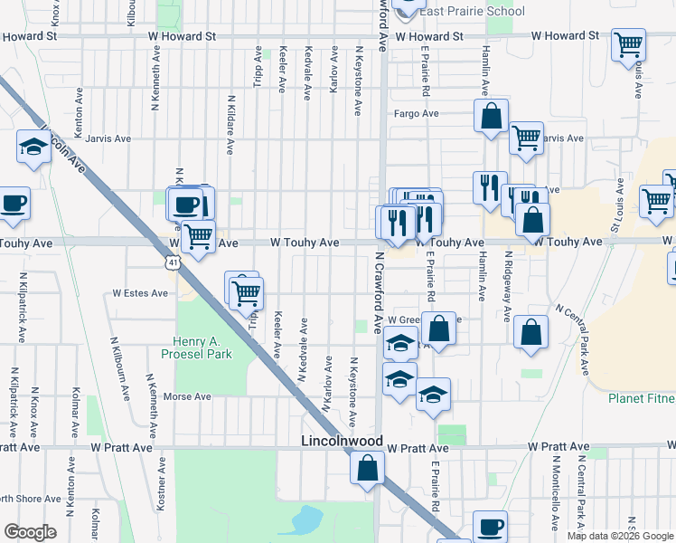 map of restaurants, bars, coffee shops, grocery stores, and more near 7121 North Karlov Avenue in Lincolnwood