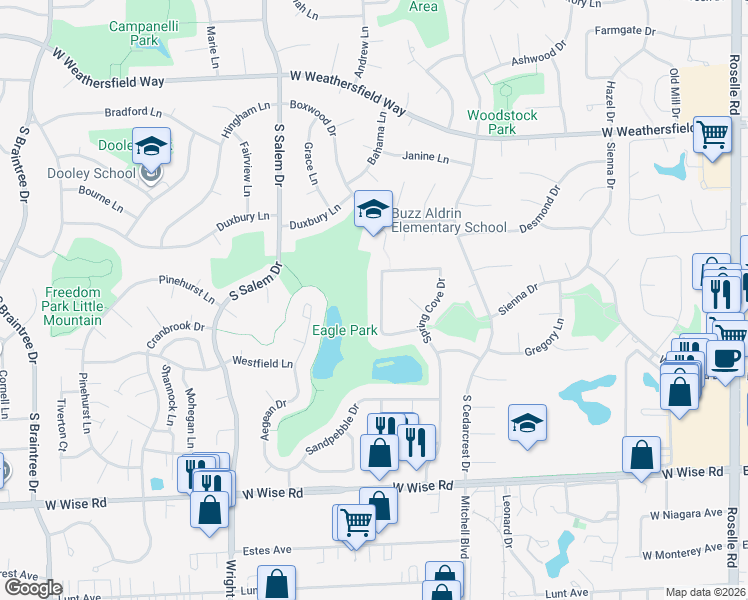 map of restaurants, bars, coffee shops, grocery stores, and more near 839 Beacon Drive in Schaumburg
