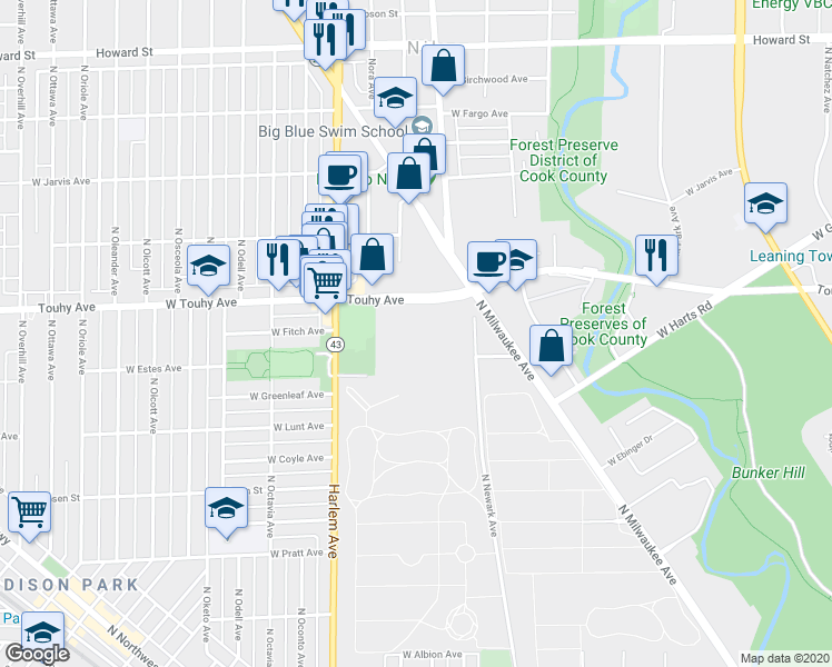 map of restaurants, bars, coffee shops, grocery stores, and more near 7025 W Touhy Ave in Niles