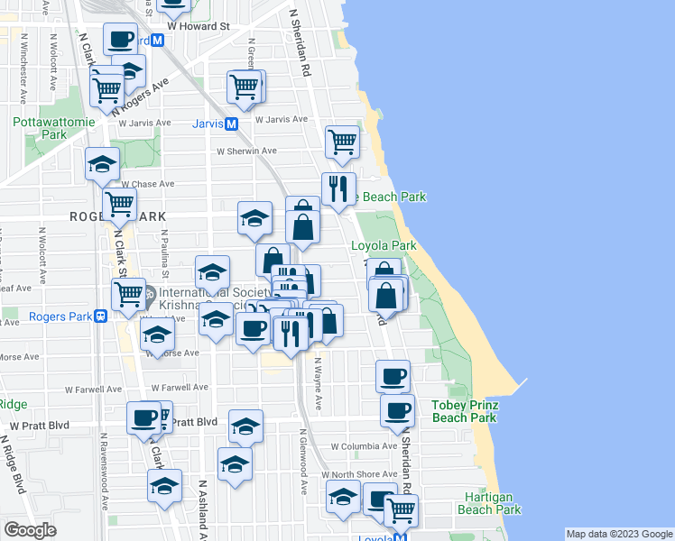 map of restaurants, bars, coffee shops, grocery stores, and more near 1350 West Greenleaf Avenue in Chicago