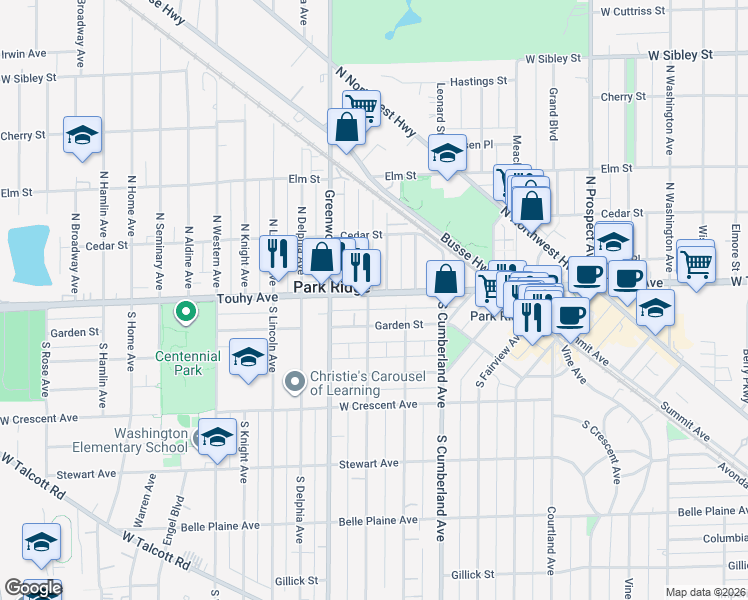 map of restaurants, bars, coffee shops, grocery stores, and more near 1027 Touhy Avenue in Park Ridge