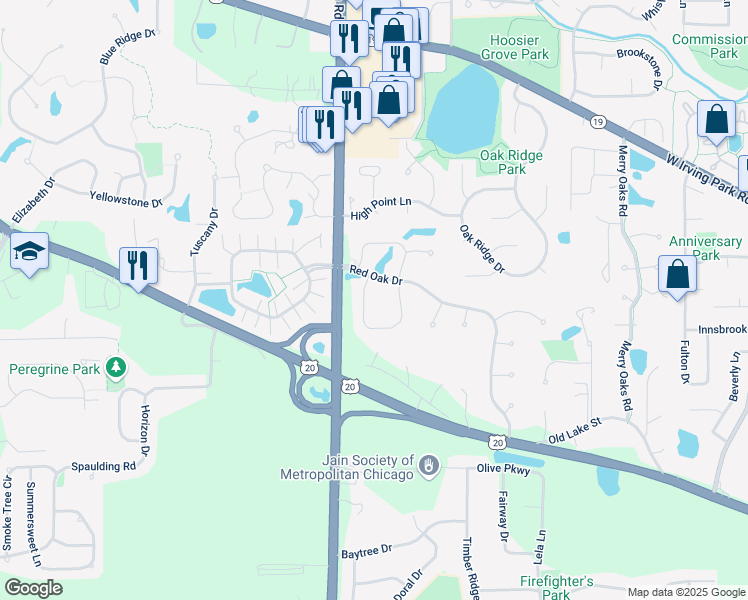 map of restaurants, bars, coffee shops, grocery stores, and more near 663 White Oak Lane in Bartlett