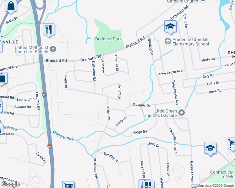 map of restaurants, bars, coffee shops, grocery stores, and more near 26 Oxford Drive in Enfield