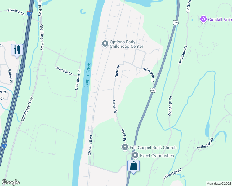 map of restaurants, bars, coffee shops, grocery stores, and more near 56 South Drive in Saugerties