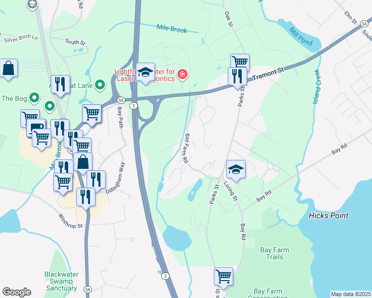 map of restaurants, bars, coffee shops, grocery stores, and more near 28 Bay Farm Road in Duxbury