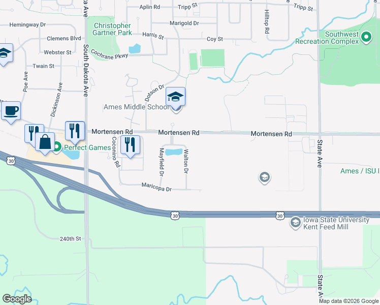 map of restaurants, bars, coffee shops, grocery stores, and more near 1308 Walton Drive in Ames