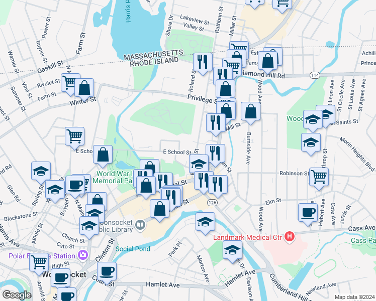 map of restaurants, bars, coffee shops, grocery stores, and more near 542 East School Street in Woonsocket