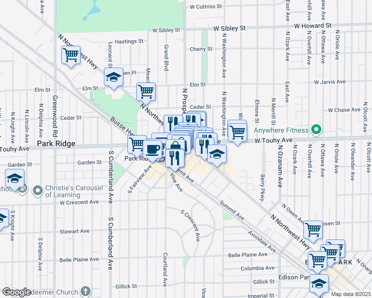 map of restaurants, bars, coffee shops, grocery stores, and more near 5 South Prospect Avenue in Park Ridge