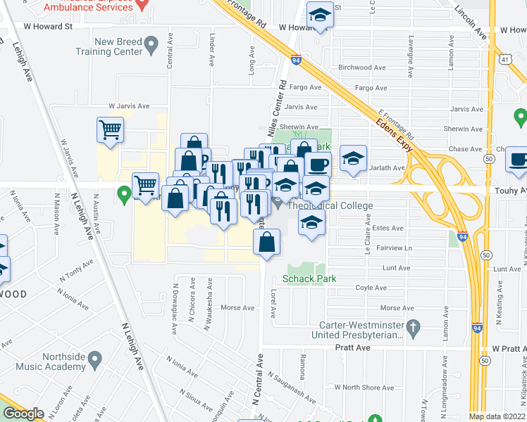 map of restaurants, bars, coffee shops, grocery stores, and more near 7142 Carpenter Rd in Skokie