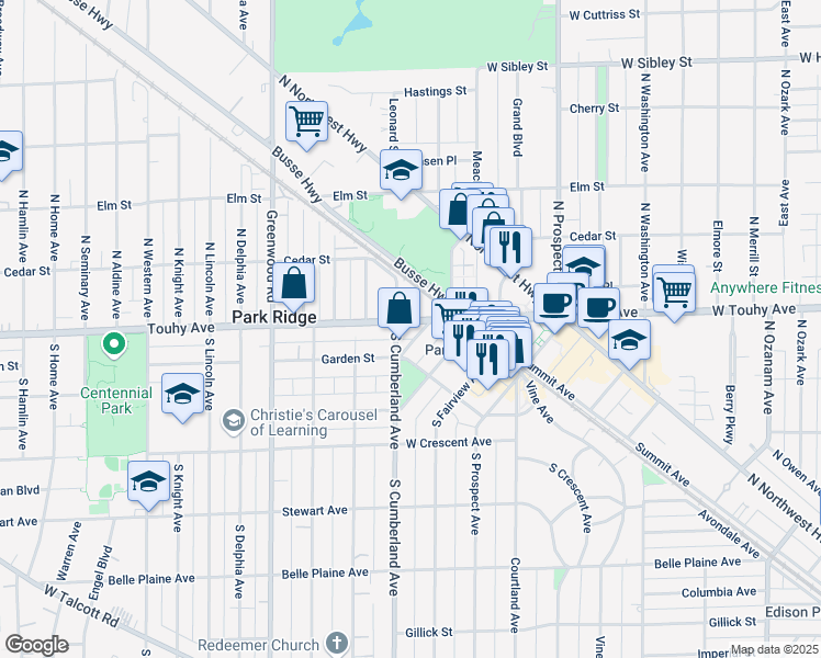 map of restaurants, bars, coffee shops, grocery stores, and more near 28 3rd Street in Park Ridge