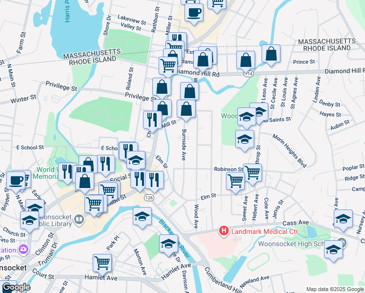 map of restaurants, bars, coffee shops, grocery stores, and more near 213 Burnside Avenue in Woonsocket