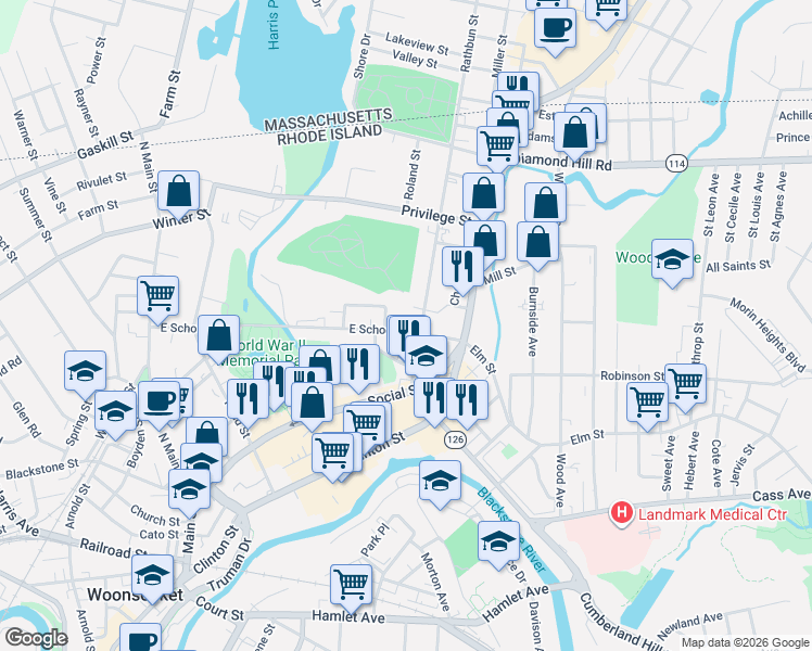 map of restaurants, bars, coffee shops, grocery stores, and more near 105 Rathbun Street in Woonsocket