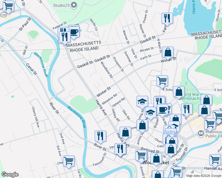 map of restaurants, bars, coffee shops, grocery stores, and more near 124 Winter Street in Woonsocket