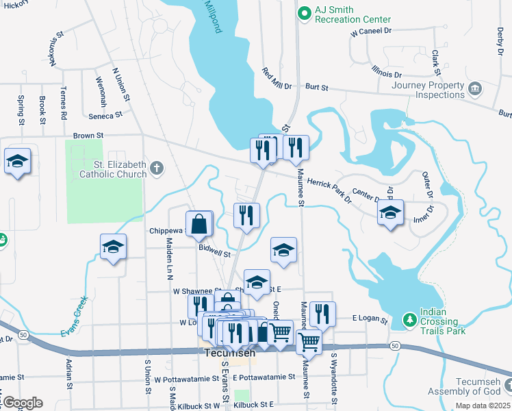 map of restaurants, bars, coffee shops, grocery stores, and more near 506 North Evans Street in Tecumseh