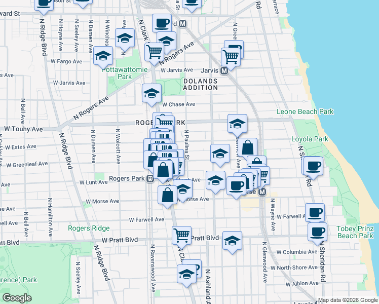 map of restaurants, bars, coffee shops, grocery stores, and more near 7049 North Paulina Street in Chicago