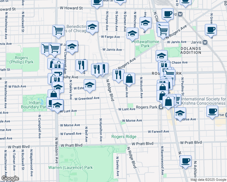 map of restaurants, bars, coffee shops, grocery stores, and more near 7054 North Ridge Boulevard in Chicago