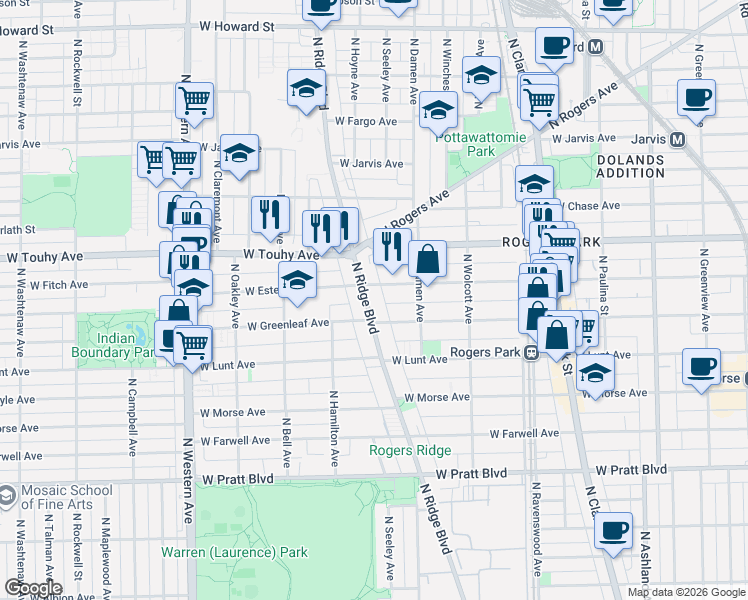 map of restaurants, bars, coffee shops, grocery stores, and more near 7054 North Ridge Boulevard in Chicago