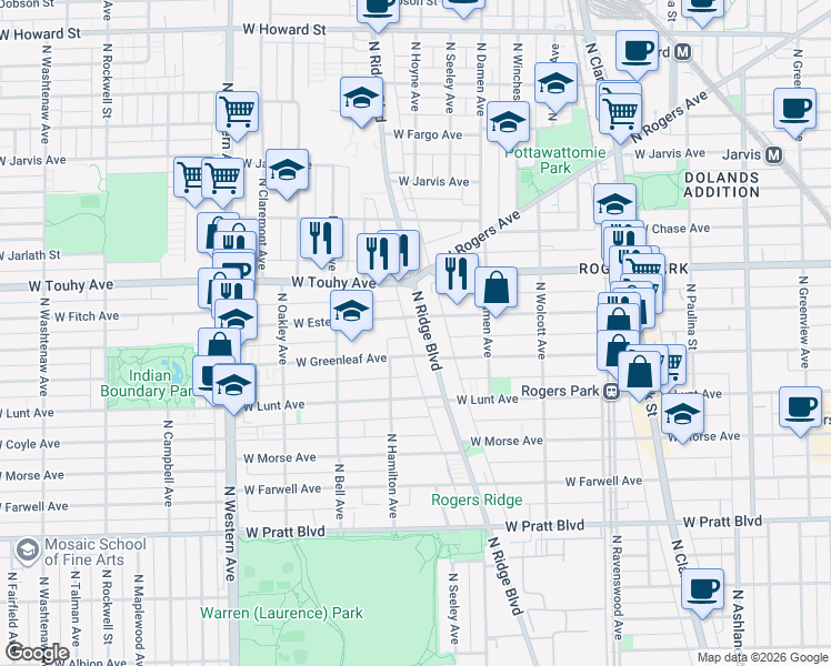 map of restaurants, bars, coffee shops, grocery stores, and more near 7054 North Ridge Boulevard in Chicago