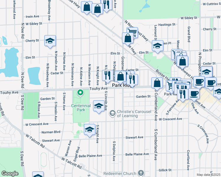 map of restaurants, bars, coffee shops, grocery stores, and more near 1333 West Touhy Avenue in Park Ridge