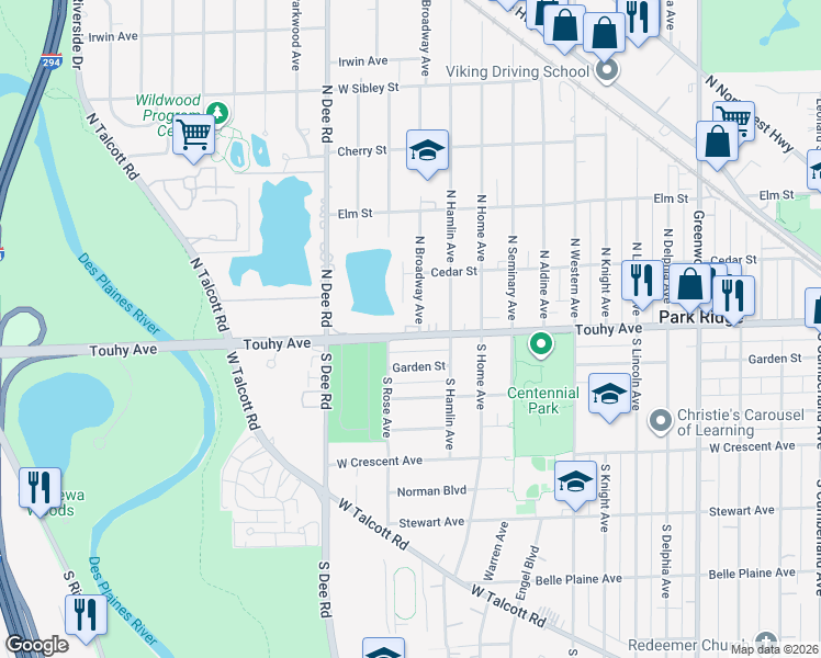 map of restaurants, bars, coffee shops, grocery stores, and more near 1967 West Touhy Avenue in Park Ridge