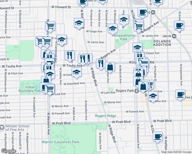 map of restaurants, bars, coffee shops, grocery stores, and more near 7054 North Ridge Boulevard in Chicago