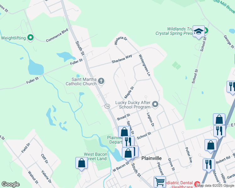 map of restaurants, bars, coffee shops, grocery stores, and more near 50 Maple Terrace in Plainville
