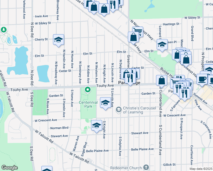 map of restaurants, bars, coffee shops, grocery stores, and more near 1425 West Touhy Avenue in Park Ridge