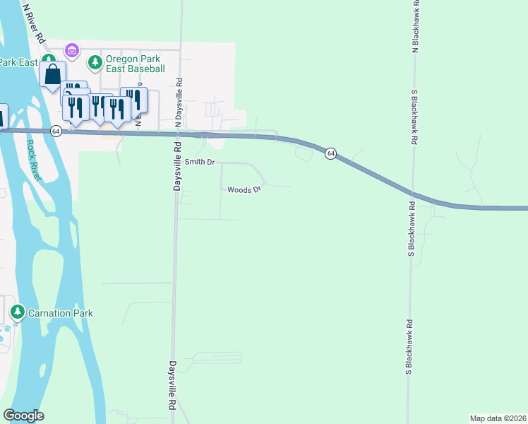 map of restaurants, bars, coffee shops, grocery stores, and more near 105 Daysville Road in Oregon