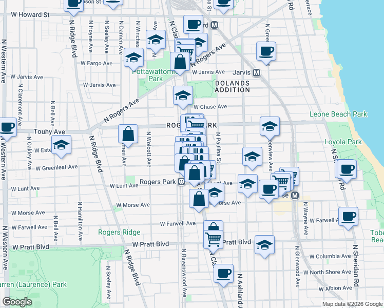 map of restaurants, bars, coffee shops, grocery stores, and more near 7064 North Clark Street in Chicago