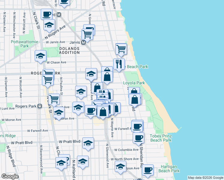 map of restaurants, bars, coffee shops, grocery stores, and more near 1362 West Greenleaf Avenue in Chicago