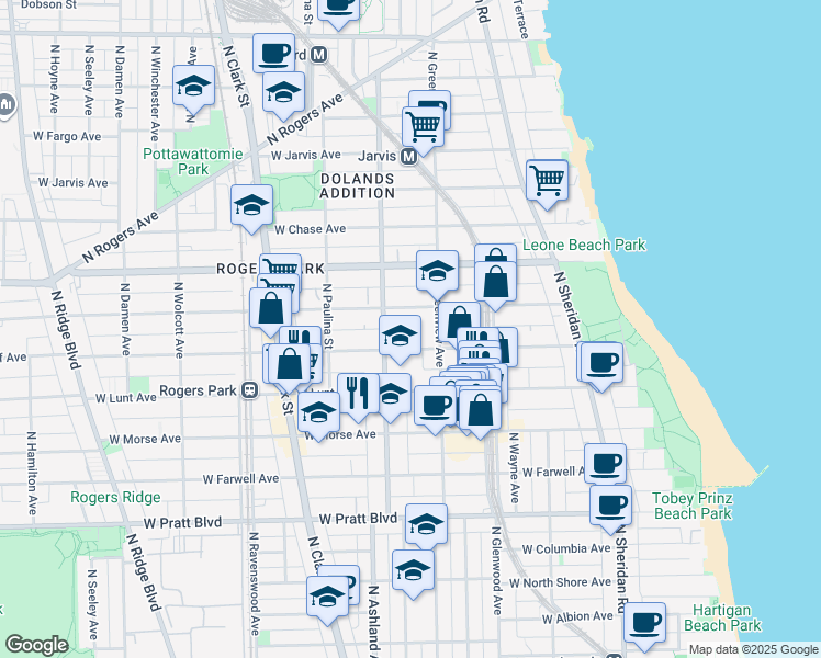 map of restaurants, bars, coffee shops, grocery stores, and more near 1522 West Greenleaf Avenue in Chicago