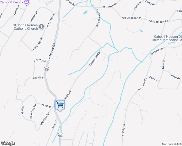 map of restaurants, bars, coffee shops, grocery stores, and more near 82 Tanglewood Road in West Hurley